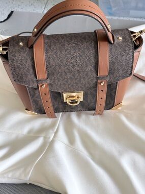 Michael Kors Brown and Tan MK Monogram Satchel with Gold Hardware